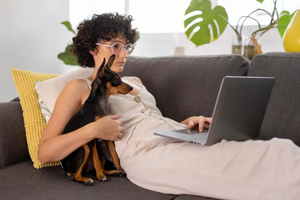 A curly-haired female holding her dog while taking online career assessment tests on her laptop