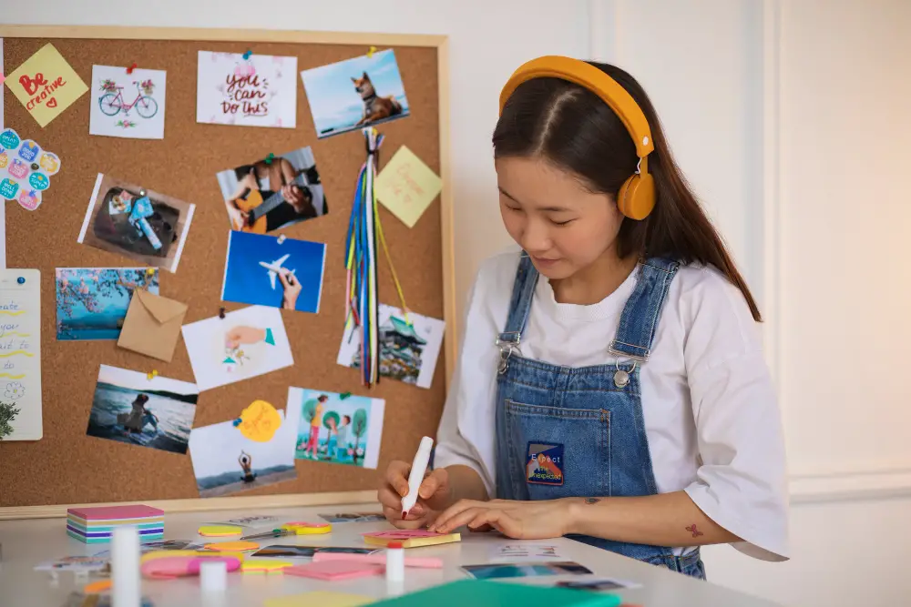 A female non-traditional learner wearing headphones while working on her vision board