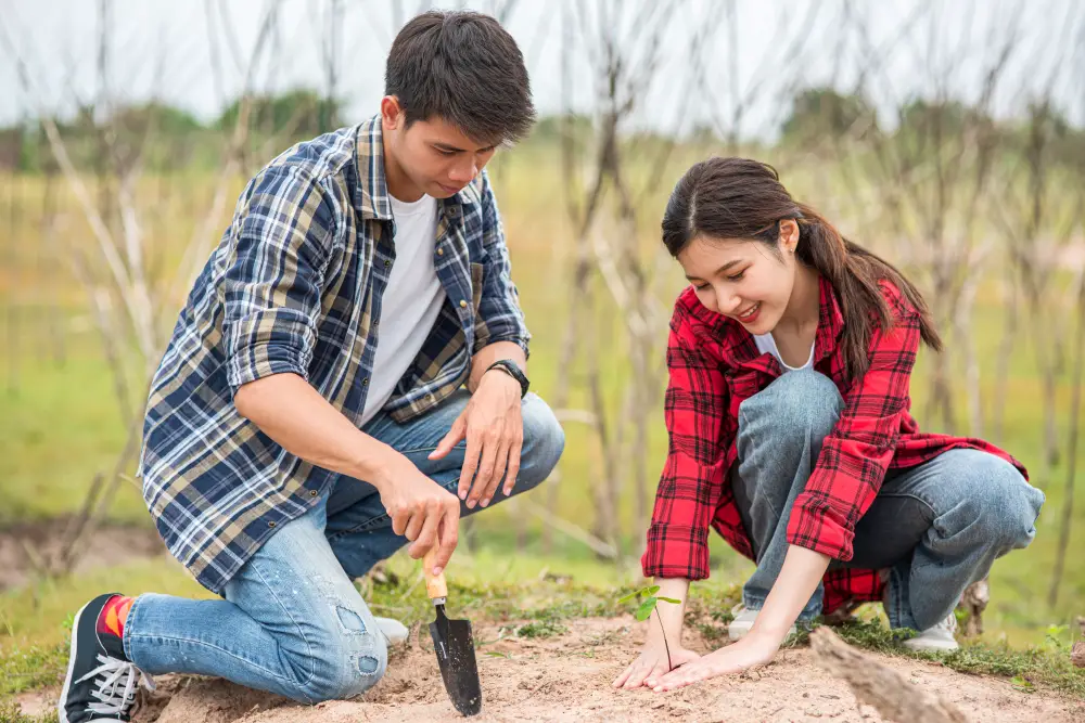 Two gap year program volunteers planting a tree