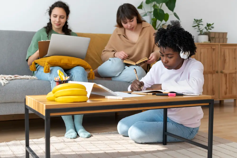 Three sorority girls doing a study group for finals week