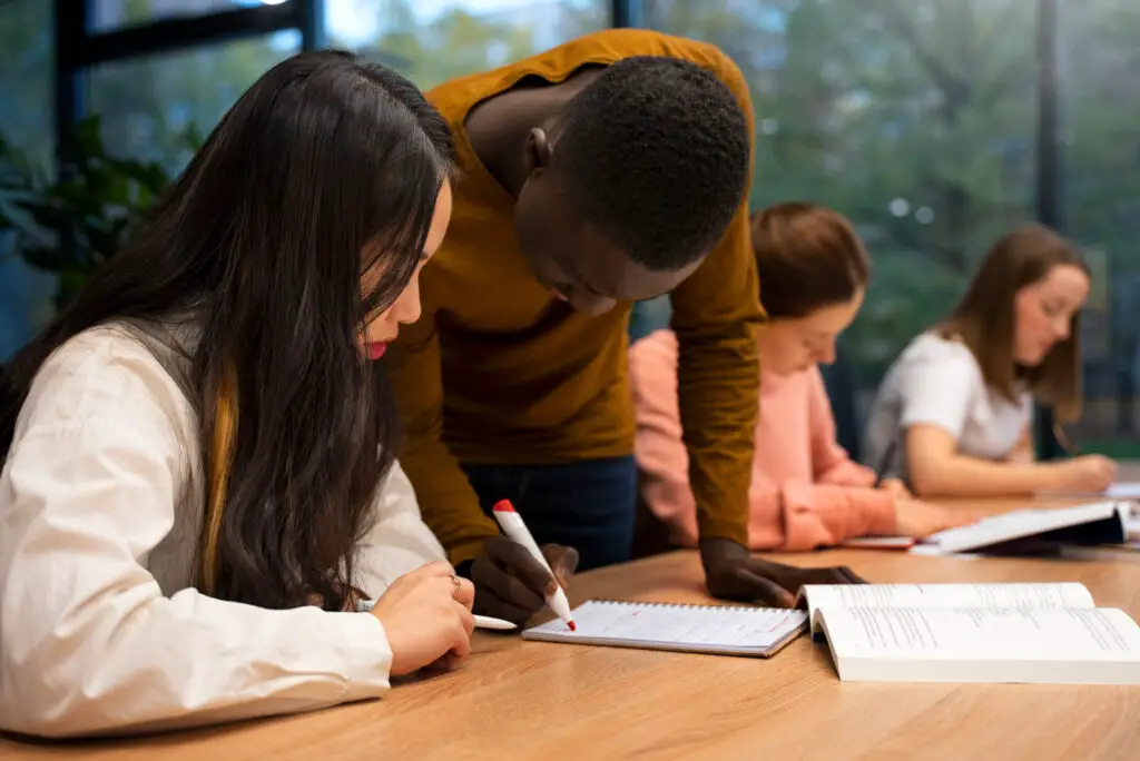 a young college teacher making an effort to teach an Asian student in a college writing class